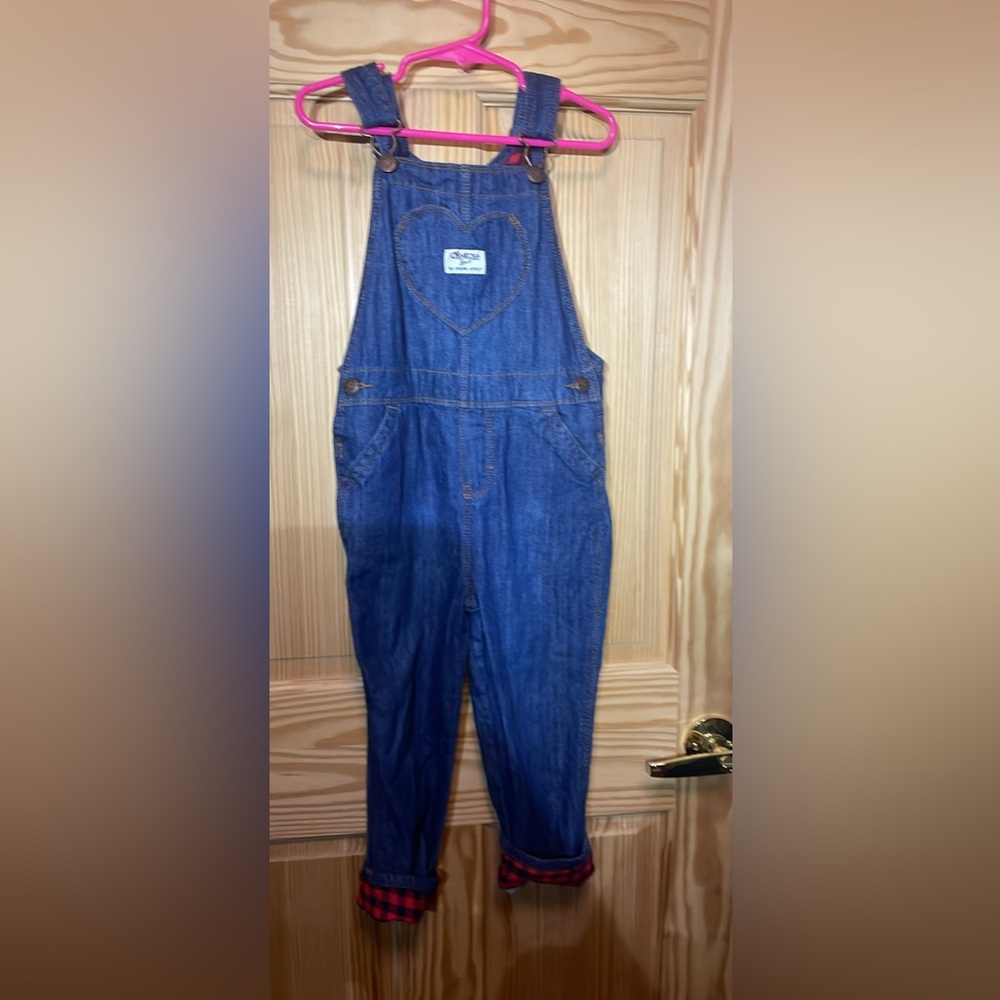 Size 5 OshKosh B'gosh Denim Overalls with Red Plaid Accents